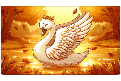 Swan in a glowing autumn lake Golden Realism