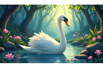 Swan in a glowing fairy garden Fairy Tale Art