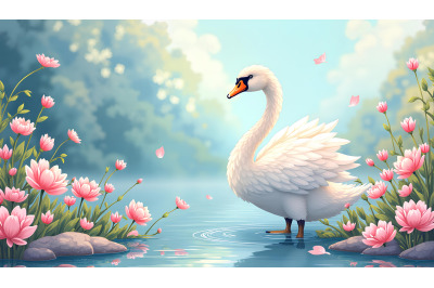 Swan in a magical bloom Wonderland Watercolor