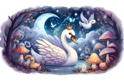 Swan in a magical night Fantasy Watercolor