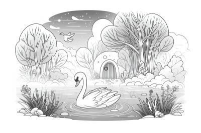 Swan in a mist-covered landscape Dreamlike Monochrome