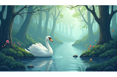 Swan in a misty forest Realism
