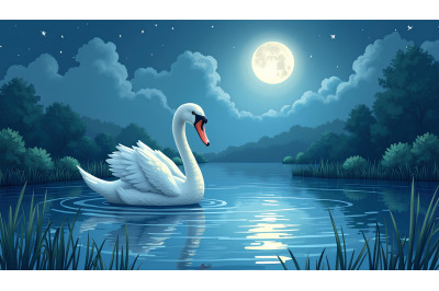 Swan in a moonbeam-lit pond Lunar Watercolor
