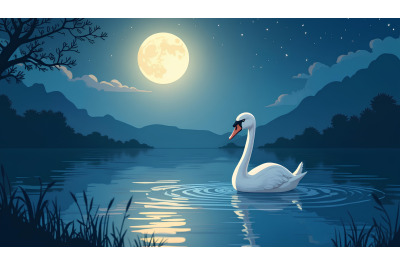 Swan in a radiant moonlit pond Luminous Night Realism