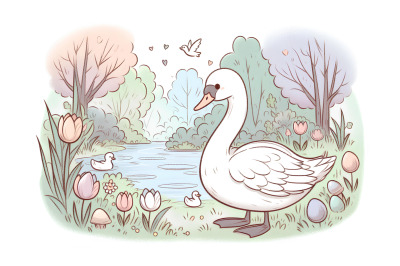Swan in a serene garden Pastels