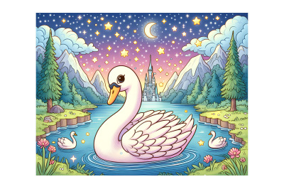 Swan in a starlit river Celestial Oil Painting