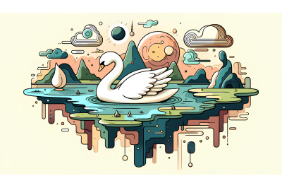 Swan in a surreal floating lake Mystical Cubism