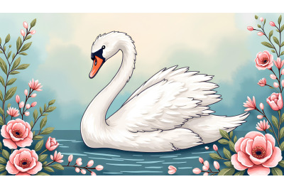 Swan in an enchanted floral embrace Romantic Botanical Art