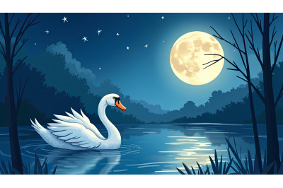 Swan in an enchanted night scene Moonlit Watercolor