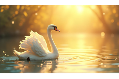 Swan reflecting in golden waters Golden Realism