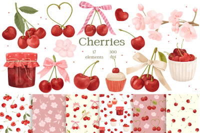 Watercolor Cherry and Bow Clipart