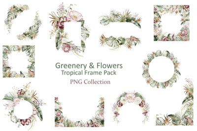Greenery &amp; Flowers Tropical Frame Pack PNG Collection