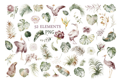 Tropical Watercolor Clipart  Flamingos, Flowers &amp; Leaves