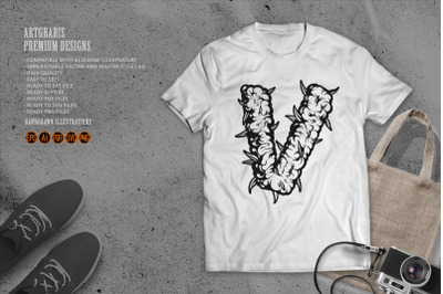 Weed Bud Inspired V Letter Outline Monochrome Style