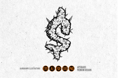 Outline of Dollar Sign Formed by Weed Leaves Monochrome