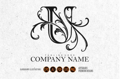 Vintage Style U Initial Outline with Flourish Monochrome