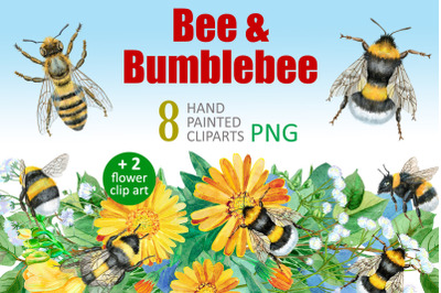 Watercolor bees and bumblebees