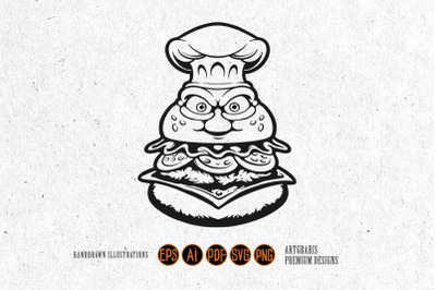 Grumpy Burger With Chef Hat Monochrome Vector Art