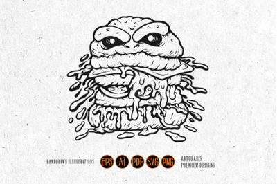 Outline of Burger Monster with Cheese Drips Monochrome