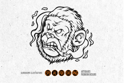 Relaxed Monkey Smoking Outline Monochrome Style