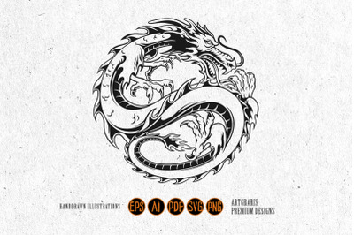 Dragon in Round Shape Silhouette Illustrations