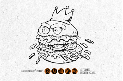 Furious Cartoon Burger Wearing a Crown Monochrome