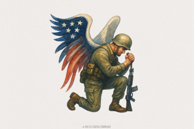American Soldier Angel Man Praying, USA Flag PNG, 4th of July Digital
