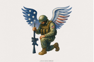 American Soldier Angel Man Praying PNG, USA Flag, Patriotic Art, Veter
