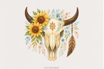 Boho Bull Skull PNG Sublimation Design, Instant Download, Sunflower Bu