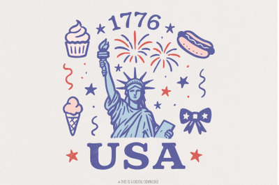 Retro USA Coquette PNG, Preppy 4th of July PNG, Girly Patriotic Memori