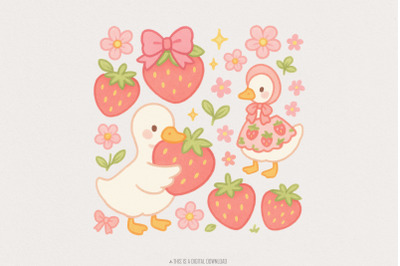 Strawberry Goose PNG, Cute Cottagecore Animal Clipart, Berry Sweet Goo