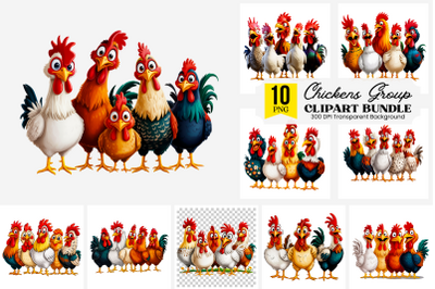 12 Funny Chickens Group PNG Clipart