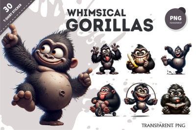 Whimsical cartoon gorillas 03. T-Shirt, PNG.