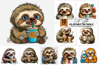 15 Cute Sloth with Coffee Cup and Beanie PNG