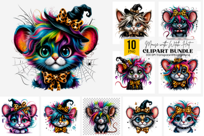 10 Cute Mouse with Witch Hat and Leopard Bow PNG
