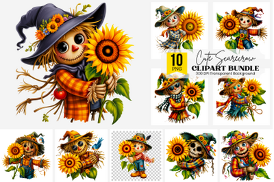 14 Cute Scarecrow Clipart PNG, Scarecrow with Sunflower and Fall Hat