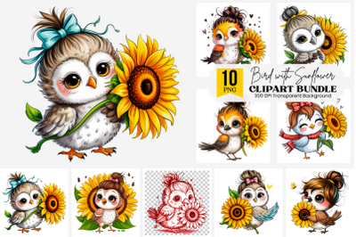 11 Cute Bird Clipart PNG, Adorable Bird with Sunflower and Messy Bun H