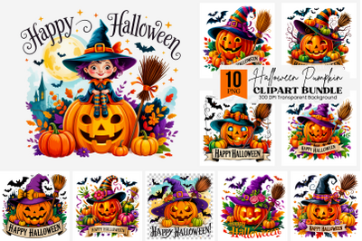 10 Halloween Pumpkin PNG Clipart with Witch Hat, Bats, Colorful Pumpki