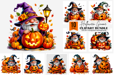 10 Halloween Gnome PNG Clipart in Pumpkin with Witch Hat