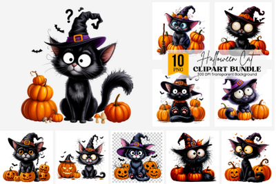 10 Halloween Cat PNG Clipart with Witch Hat, Pumpkins