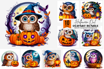 10 Halloween Owl PNG Clipart with Witch Hat, Pumpkin, Full Moon