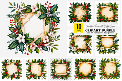10 Christmas PNG Frame with Holly, Berries, Vintage Paper Background