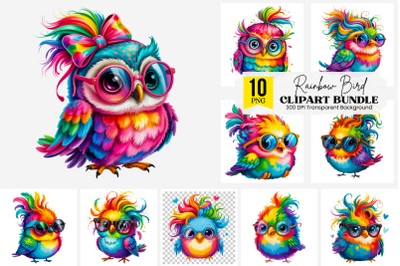 10 PNG Cute Rainbow Bird Clipart, Colorful Feathers, Messy Bun Hair