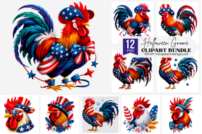 12 PNG Patriotic Rooster Clipart, USA Flag Outfit