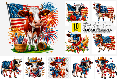10 Patriotic Cow Clipart PNG, American Flag Cow with Flowers