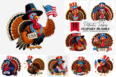 10 Patriotic Turkey PNG Clipart with USA Flag and Top Hat