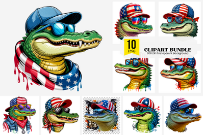 Alligator Clip Art, Patriotic Clipart, 10 PNG USA Flag Clip Art