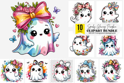 Ghost Clipart with Floral Bow, Kawaii Halloween Ghost Png for Kids