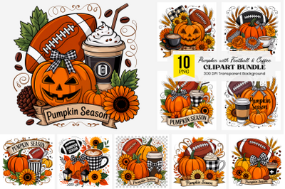 Pumpkin Season Clipart with Football and Coffee, 10 Fall Harvest Art