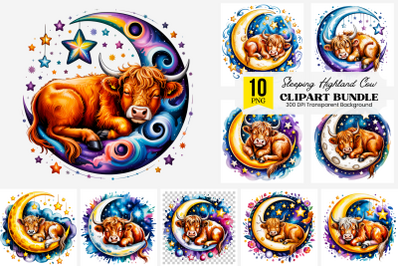 10 Sleeping Baby Cow PNG Clipart, Highland Calf on Moon Watercolor Art